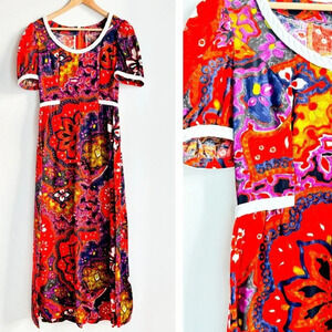 Vintage Colourful Paisley Print THC Hawaiian Textiles Barkcloth Maxi Dress S/M